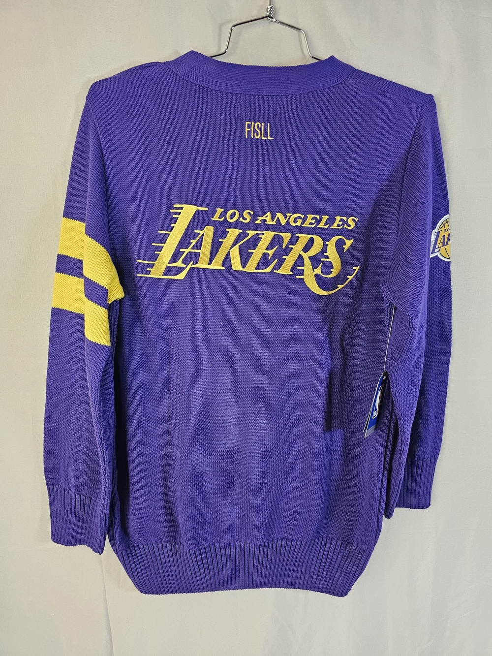 NWT Women's FISLL LA Lakers Chenille Letterman Cardigan Sweater Purple Sz M - Picture 2 of 13
